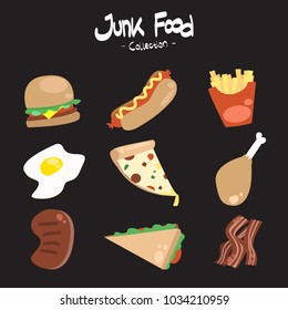 junk food illustration set burger, hot dog, french fries, pizza, chicken, bacon, sandwich