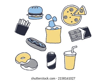 Junk food illustration set Comical handwritten person vector, warm line drawing