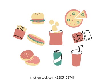 Junk food illustration set  comical hand  drawn characters  vectors  warm line drawings