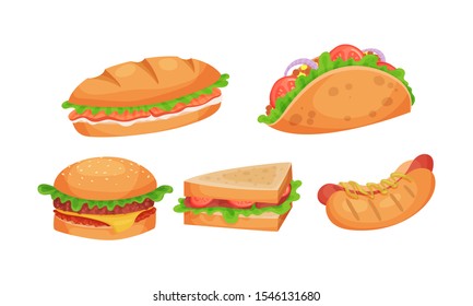 Junk Food Items Vector Set. Unhealthy Fat Fast Food Collection