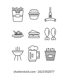 Junk food line icon collection, unhealthy eating habits, hotdog hamburger bbq fries and so on.