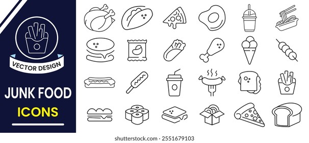 Junk food line icon, Fast food line icons, vector. Street food, vector design. Flat design of fast and junk food vector on white background. Vector illustration.