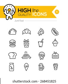 Junk Food Line Icons including: fast food, sugar, alcohol etc..