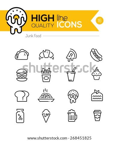 Junk Food Line Icons including: fast food, sugar, alcohol etc..