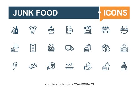 Junk Food linear icon collection. Contains such icons as burger, ice, snack, drink, meal, bakery, sushi and more. Set of line pictogram. Vector illustration in modern line style.