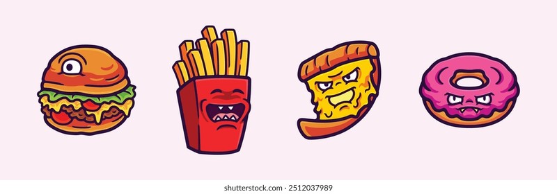 Junk food monster pack collection cartoon character vector illustration