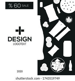 Junk food on a black and white background. 60% advertising poster design for beauty store, blog, Magazine and promotion.