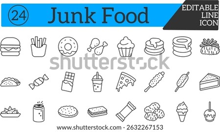 Junk Food Outline Icon Set – Editable vector icons of sweets, snacks, and fast food in minimal linear design.