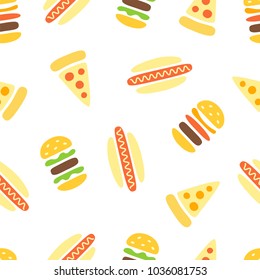 Junk Food: Pizza, Burger And Hot Dog Vector Seamless Pattern. Fast Food Print. Hand Drawn Illustration.