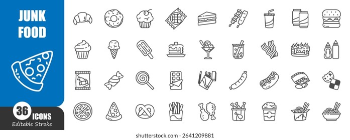 Junk food or processed food outline icon . Editable stroke . Vector .