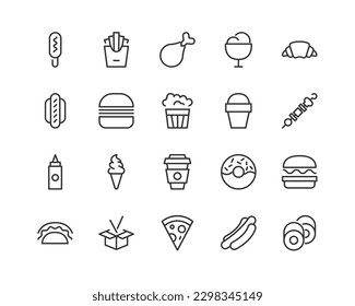 junk food related icon set. Editable stroke. Pixel Perfect 24x24px icons