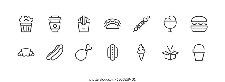 junk food related icon set. Editable stroke. Pixel Perfect 24x24px icons