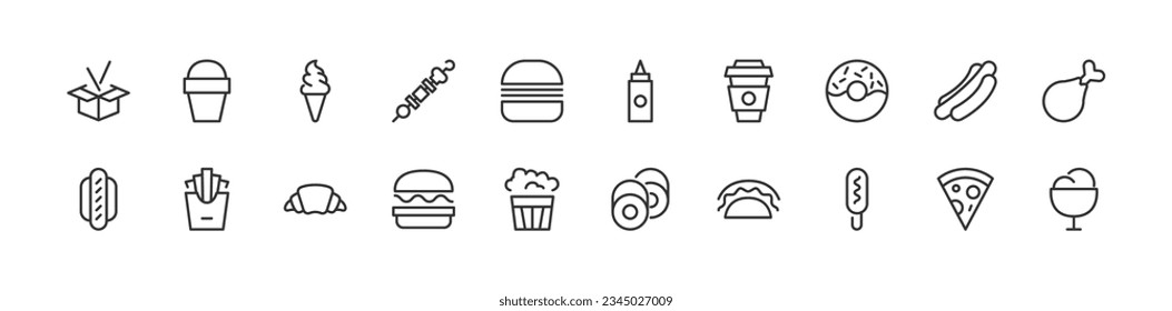 junk food related icon set. Editable stroke. Pixel Perfect 24x24px icons