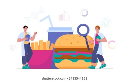 Junk food research. Men in medical uniform with magnifying glass near takeaway eating. Doctors with burger, soda and french fries. Cartoon flat vector illustration isolated on white background