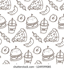 Junk food seamless background in doodle style vector illustration