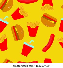 Junk food seamless pattern. burger, french fries, soft drink, sausage. yellow, red