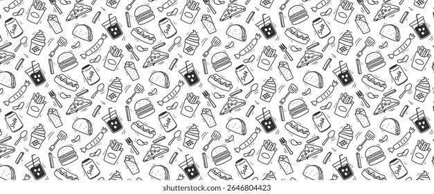 junk food padrão sem emenda rabiscar fast food hambúrguer gostoso pizza hot dog