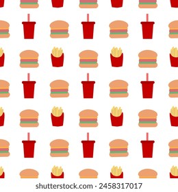 Junk food seamless pattern. French fries, hamburger and Soda sweet drink. Fast food background. Simple doodle, hand drawn wallpaper. Flat vector illustration.