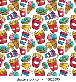 Junk food seamless pattern with french fries, donut, ice cream, pop corn and cheese slice