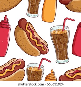 junk food seamless pattern with hotdog, soda, tomato ketchup and mustard