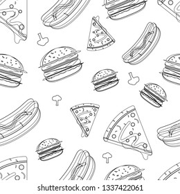 Junk food seamless pattern in outline style design. Burger, pizza and hot dog seamless pattern in outline style design vector illustration. 