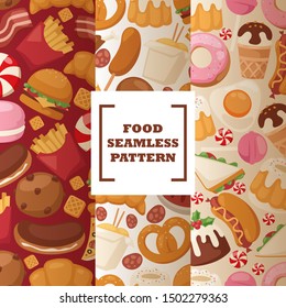 Junk food seamless pattern, vector illustration. Unhealthy street snacks and sweets. Background for eatery, fast food cafe packaging paper design. Tasty hamburger, hotdog, noodles, cakes and ice cream