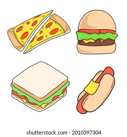Junk food set. Burger, pizza, hot dog, and sandwich white background