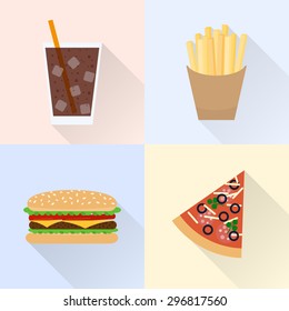 Junk food set. Cola, french fries, burger, slice of pizza. Flat style with long shadows.