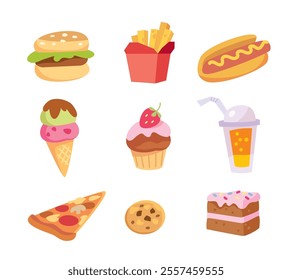 Junk food set. Fast food restaurant menu, assortment. Lunch meals dishes isolated on white background. Vector flat illustration cartoon childish childrens primitive style.