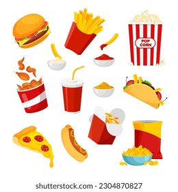 Junk food set. Fastfood: burger, hot-dog, pizza, chips, french fries, popcorn, chicken leg, tacos etc. Unhealthy eating. Vector illustration in trendy flat style isolated on white background.