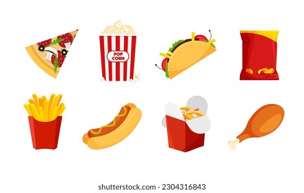 Junk food set. Fastfood: hot-dog, pizza, chips, french fries, popcorn, chicken leg, tacos etc. Unhealthy eating. Vector illustration in trendy flat style isolated on white background.