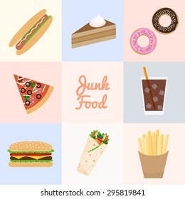 Junk food set. Hotdog, cake, donuts, slice of pizza, cola, burger, burrito, french fries.