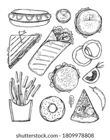 Junk food set. Isolated flat hand drawn hamburger, pizza, french fries, sandwich, onion rings, hot dog, donut, burrito fast food top view collection. Restaurant junk food sketches vector illustration