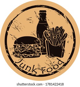 Junk food silhouette vector round shabby emblem flat design, old retro style. French fries, burger and soda  logo stamp on craft paper. Fast food shape vintage grunge sign. Street food icon design.