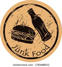 Junk food silhouette vector round shabby emblem flat design, old retro style. Burger and soda  logo stamp on craft paper. Fast food shape vintage grunge sign. Street food icon design.