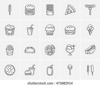 Junk food sketch icon set for web, mobile and infographics. Hand drawn junk food icon set. Junk food vector icon set. Junk food icon set isolated on white background.