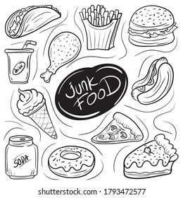 Junk Food sketching doodle icons set, Trendy and lovely hand drawn style