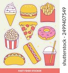  junk food stickers hamburger pizza hotdog donut ice cream taco Popcorn Donuts cute cartoon illustration isolated icon