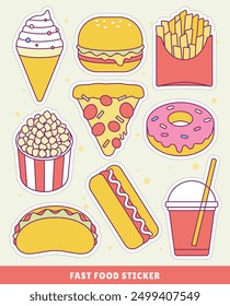  junk food stickers hamburger pizza hotdog donut ice cream taco Popcorn Donuts cute cartoon illustration isolated icon