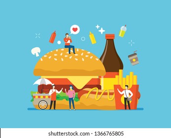 Junk food, street food with tiny people illustration. suitable for food related website, restaurant menu, health infographic, poster, and educational purpose.