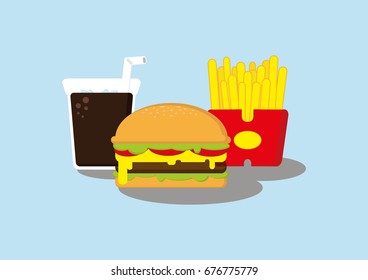 Junk food such as sparkling water, hamburger and French fries on isolate blue pastel background.