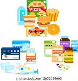 Junk food, supplements and medicine illustration set