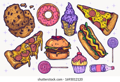 Junk food and sweets candy vector hand drawn isolated clipart elements for graphic design projects. illustrated delicious food icons and candy, kawaii colors , bright sugary treats. pizza, burgers.