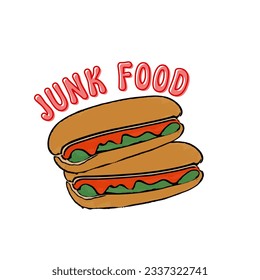 Junk food Text with colorful hotdog illustration , junk foodillustration, daily planner sticker junk food text with hot dog, Digital planner sticker element, hotdog illustration 

