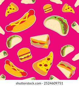 Junk food themed seamless pattern design template, for decoration, background or packaging wrap