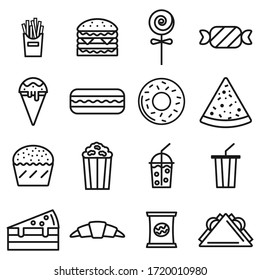 Juego de iconos de línea delgada de comida chatarra, paso editable