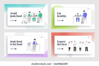 Junk Food Unhealthy Eating, Restaurant Staff With Dishes Website Landing Page Set. Fat Family Eats Fast Food At Home. Chefs With Meals On Tray Web Page Banner. Cartoon Flat Vector Illustration, Line Art