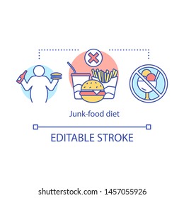 Junk food, Unhealthy lifestyle diet concept icon. Healthy nutrition idea thin line illustration. Fastfood rejection. Tasty ice cream, soda and burger vector isolated outline drawing. Editable stroke