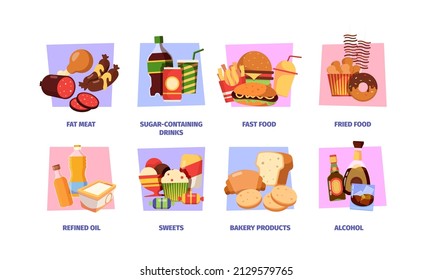 Junk food. Unhealthy products sugar white flour alcohol fast food processed meat refined oil snacks crackers garish vector colored flat illustrations