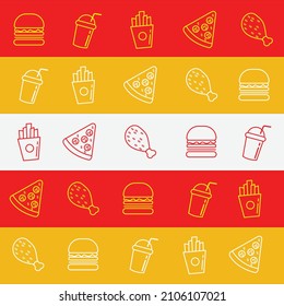 junk food vector background. Slice pizza, burger, french fries, soda drink, fried chicken seamless pattern. vector wallpapers. Fast food background.
